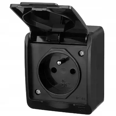 HERMES CZARNY GNIAZDO NT 1X Z/U Z KLAPKĄ 2P+Z IP44 ZACISKI ŚRUBOWE 16A 250V 0321-09